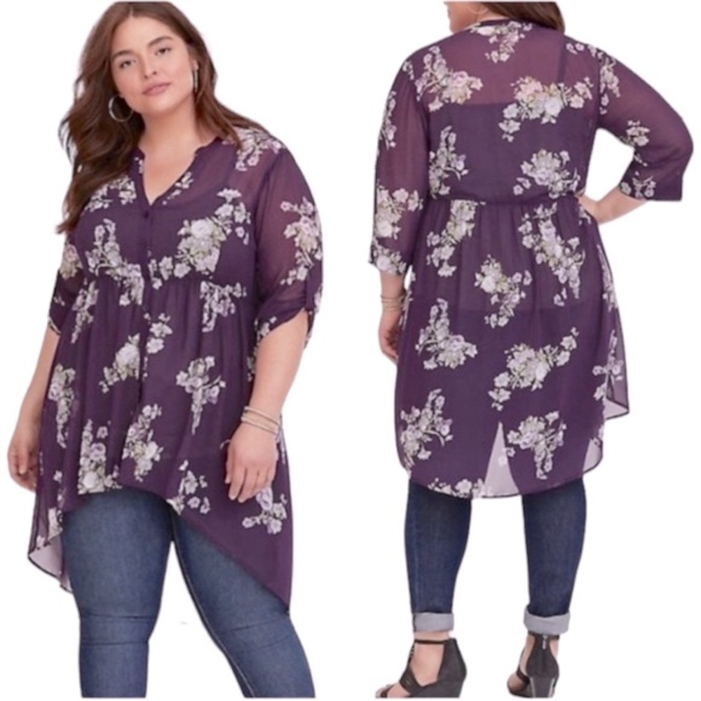 Torrid Lexie Rose Floral Chiffon Hi-Low Sheer Tunic Blouse